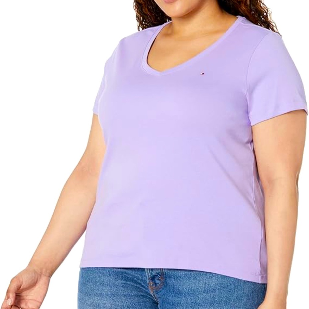 TOMMY HILFIGER COTTON T-SHIRT V-NECK WOMEN SHORT SLEEVES PURPLE COLOR SIZE 3X **